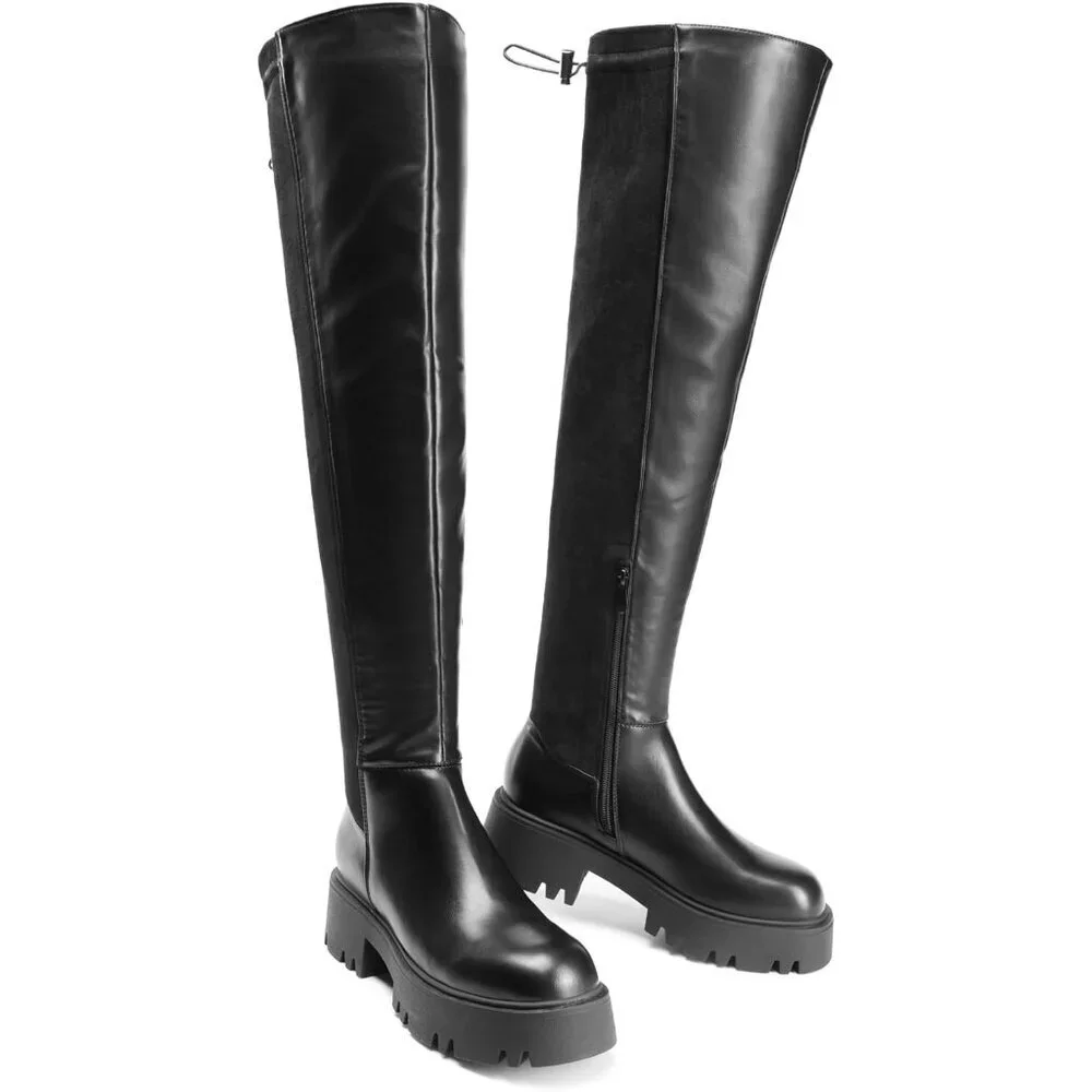 Women's Black-pu Faux Leather Over The Knee Lug Sole Round Toe Thigh High Boots